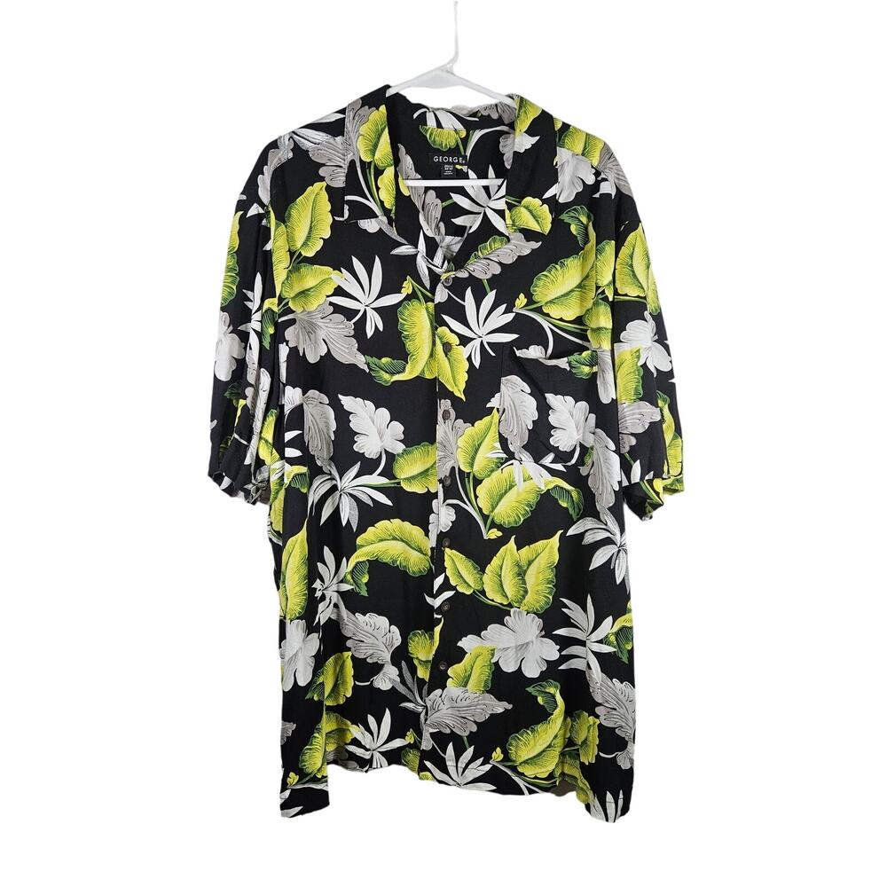 GEORGE 90s Green Black Hibiscus Hawaiian Floral Button Down Men's Shirt 2XL‎